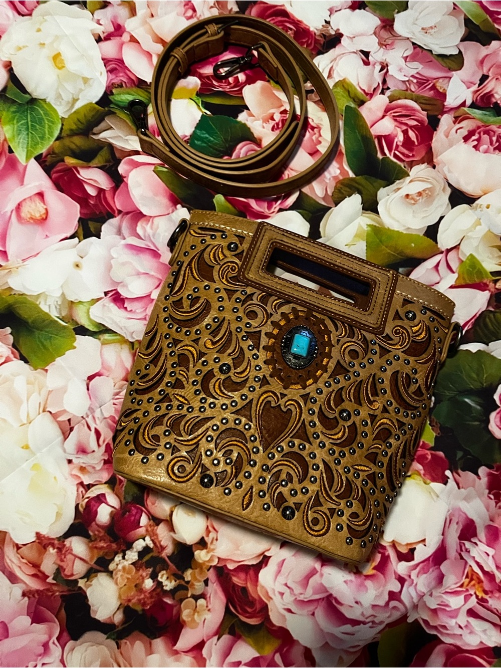 Montana West Tan Tooled Crossbody with Turquoise Stone